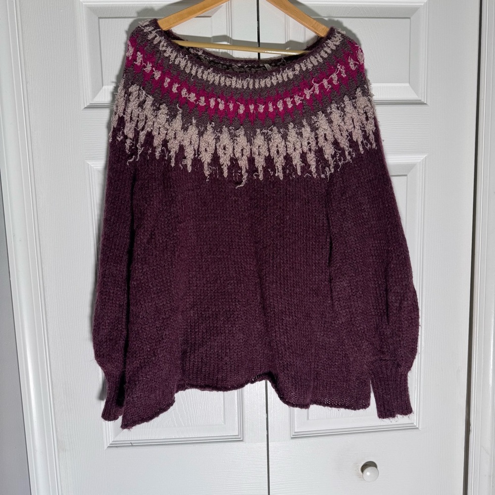 Free People Baltic Fair Isle Knit Sweater Berry Combo -Large
